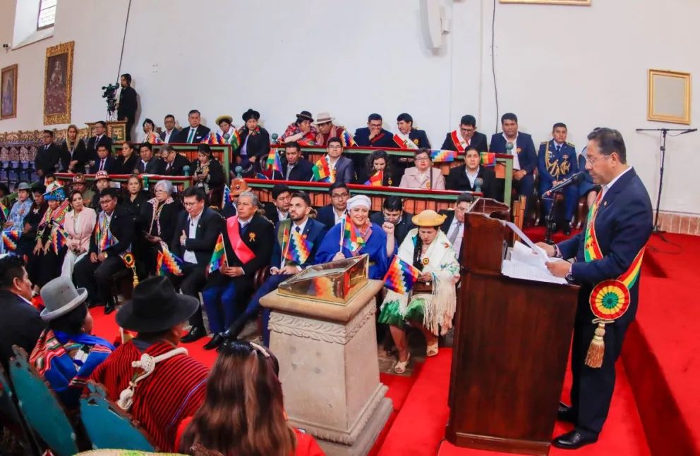 El presidente Arce durante su discurso, el 6 de agosto. Foto: RRSS del mandatario 