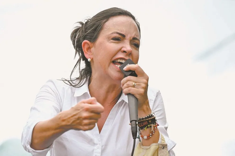 La líder opositora María Corina Machado, durante un acto de campaña en Venezuela. Foto: @Rincon001A