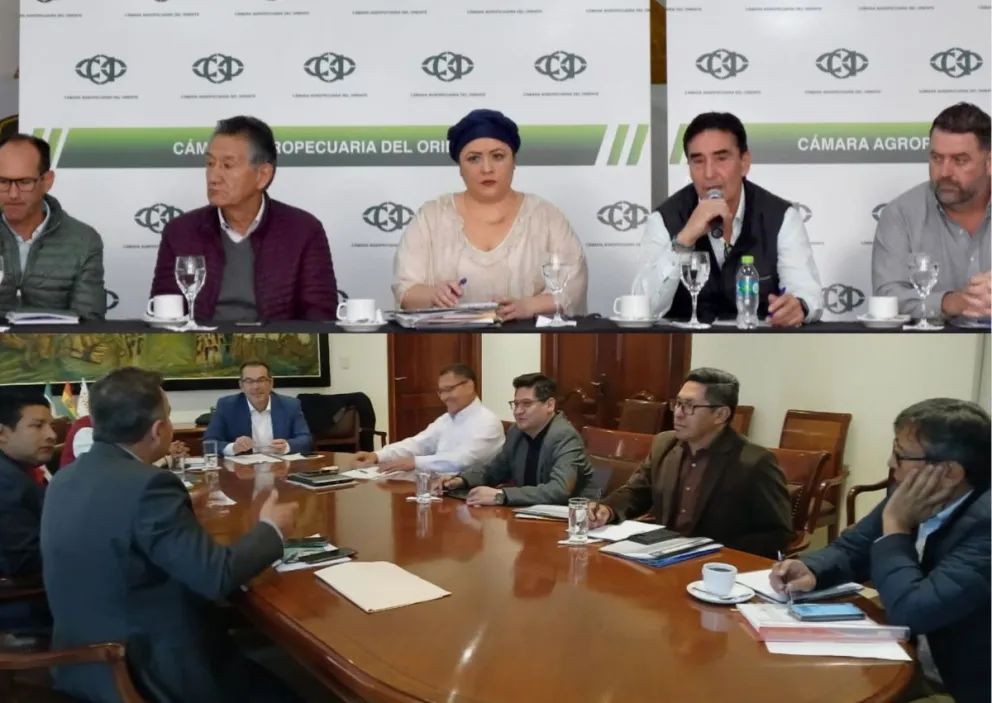 Los ministros de Estado en las reuniones con empresarios cruceños y gobernadores de seis departamentos. Fotos: Ministerios de la Presidencia y de Economía 