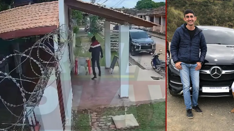 Uno de los cuatro sicarios del piloto José Carlos Jiménez (recuadro), sale del local portando una pistola. Foto: Facebook.