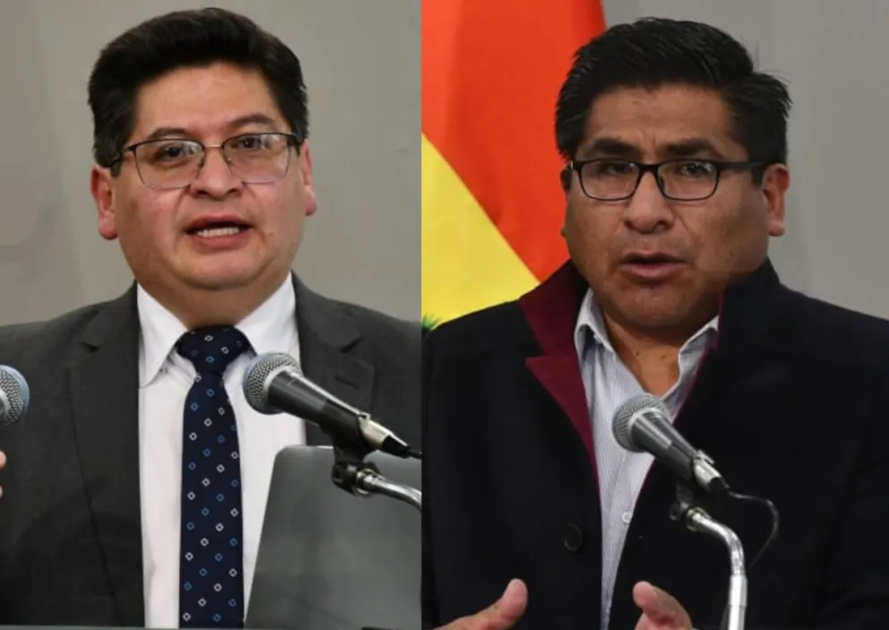 Los ministros Marcelo Montenegro y Néstor Huanca, en contacto con la prensa, este miércoles. Fotos: APG 