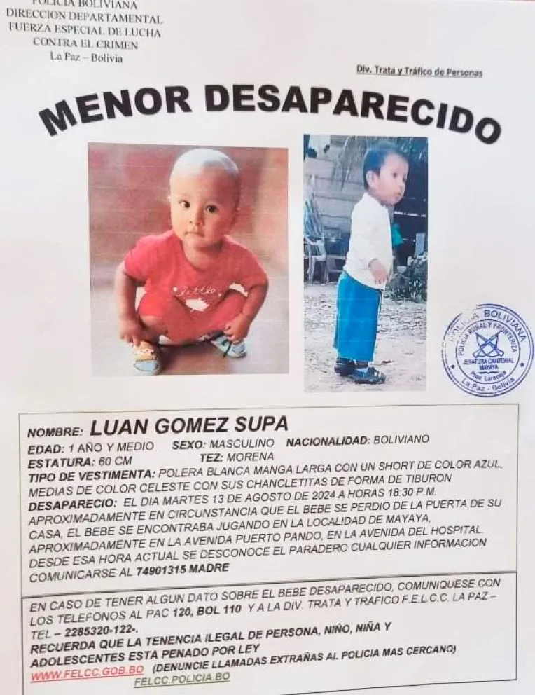 Luan es buscado desde el martes pasado, se pide ayuda a la población.  Foto: Policía Boliviana.