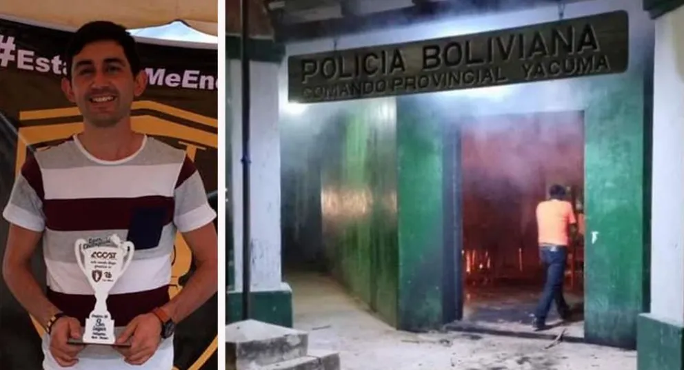 La aprehensión de dos involucrados en el asesinato de José Carlos Jiménez (recuadro), provocó la quema del Comando policial en Santa Ana de Yacuma. Foto: Facebook.
