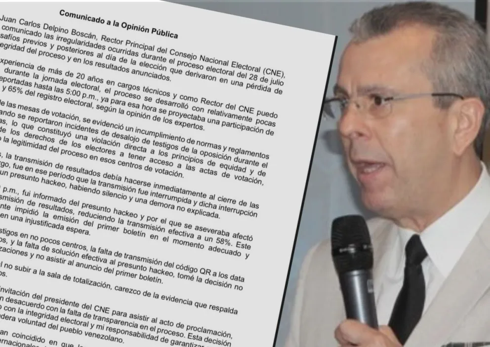 El rector principal del CNE y la imagen de su comunicado. Foto: Cuenta de X de Juan Delpino