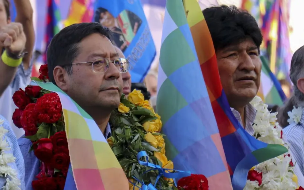 El presidente Luis Arce y el exmandatario Evo Morales en un encuentro anterior, antes de la pugna del MAS. Foto: APG