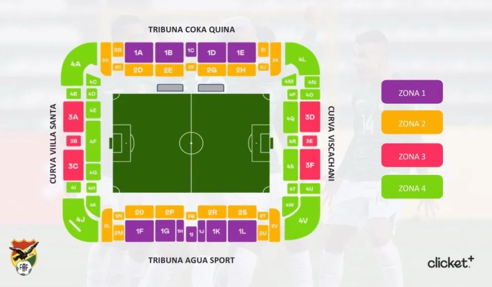 Las cuatro tribunas del estadio Municipal de El Alto y la división que realizó la FBF.