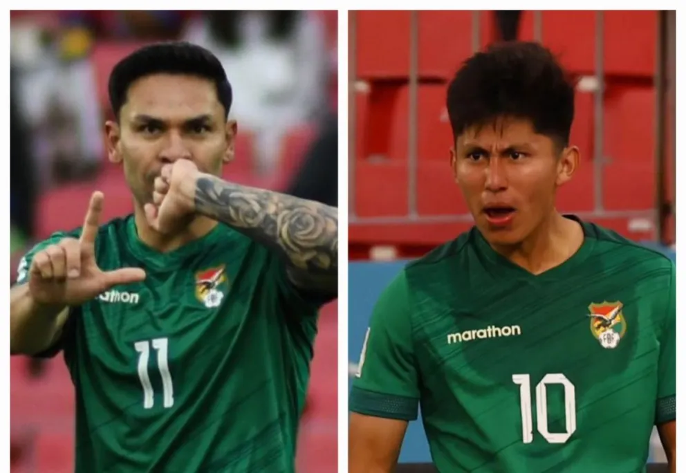 Algarañaz (izq.) y Terceros celebran los goles que anotaron en Chile. Fotos: FBF.