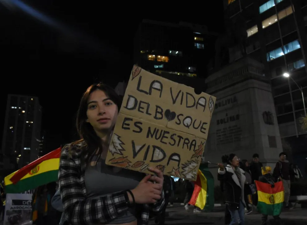 Una persona levanta un cartel en la marcha en contra de las leyes "incendiarias". Foto: APG