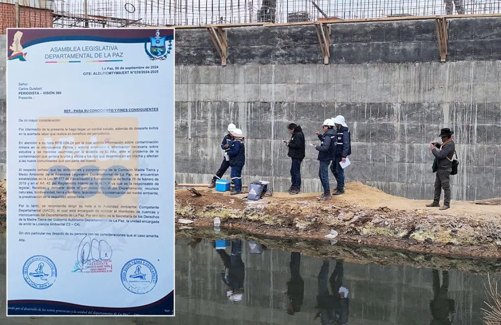 Una delegación de funcionarios del MMAyA y Emapav toman muestras del agua cerca al lugar donde se detectó un derrame de cianuro en Viacha. Foto: Carlos Quisbert / Visión 360