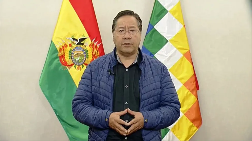 El presidente Luis Arce, el sábado durante su mensaje sobre los incendios. Foto: Captura