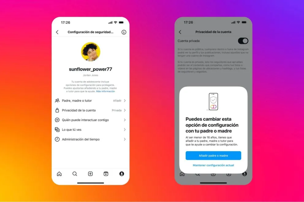 la interfaz de configuración de seguridad de una Cuenta de Adolescente en Instagram. Foto: EFE / Meta
