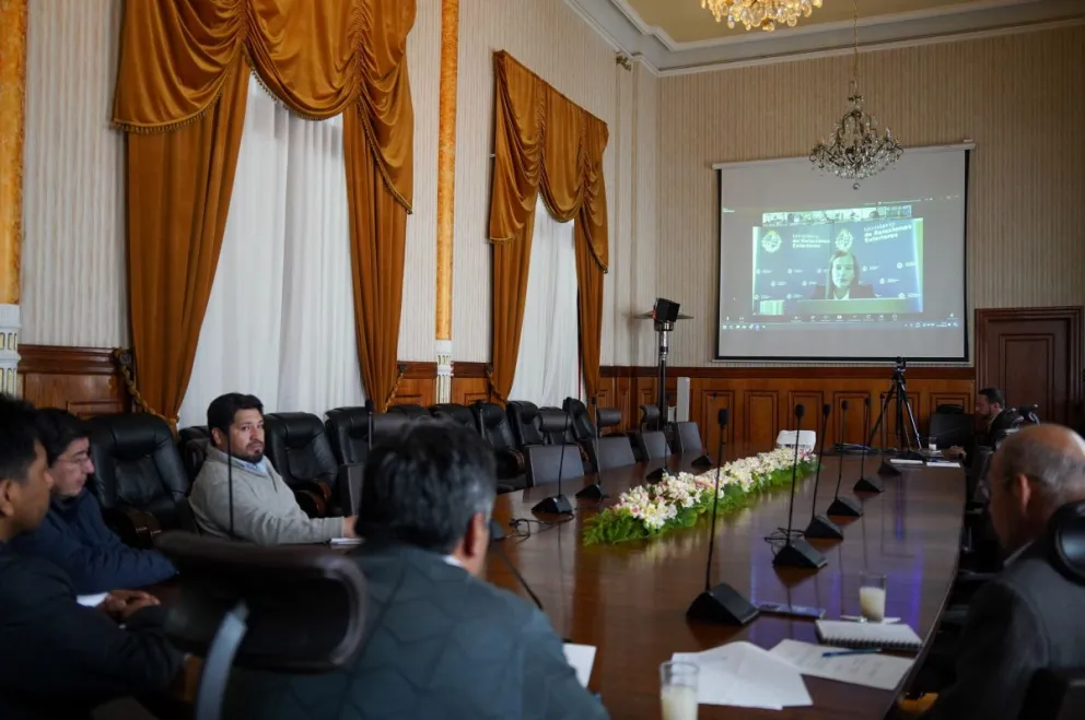 Personal de la Cancillería durante una reunión virtual con el Mercosur. Foto: MRREE