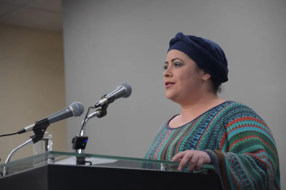 La ministra María Nela Prada, en conferencia de prensa, esta tarde. Foto: ABI