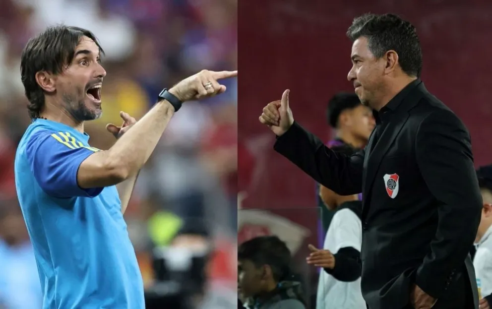 Diego Martínez y Marcelo Gallardo, entrenadores de Boca y River que se enfrentarán esta tarde. Foto: Olé