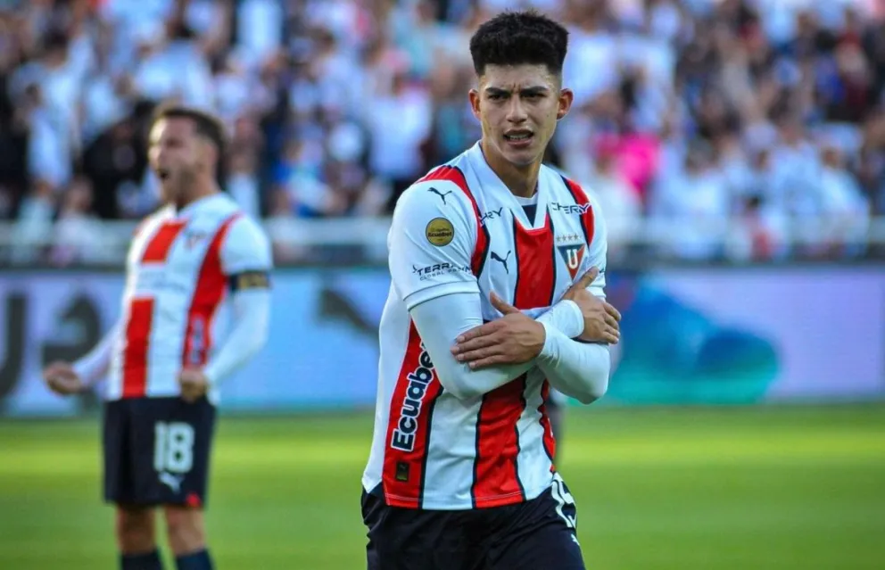 El festejo de Villamil este sábado en el partido contra El Nacional de Quito. FOTO. Liga de Quito en X