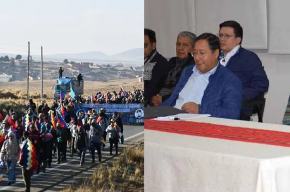 La marcha "evista" que se acerca a La Paz y el presidente Luis Arce, cuando esperaba el viernes para dialogar. Foto: Composición