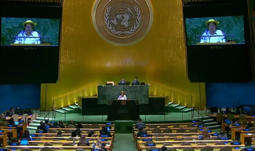 La ministra de Relaciones Exteriores, Celinda Sosa, emite su discurso en la 79 Asamblea General de la ONU. Foto: captura