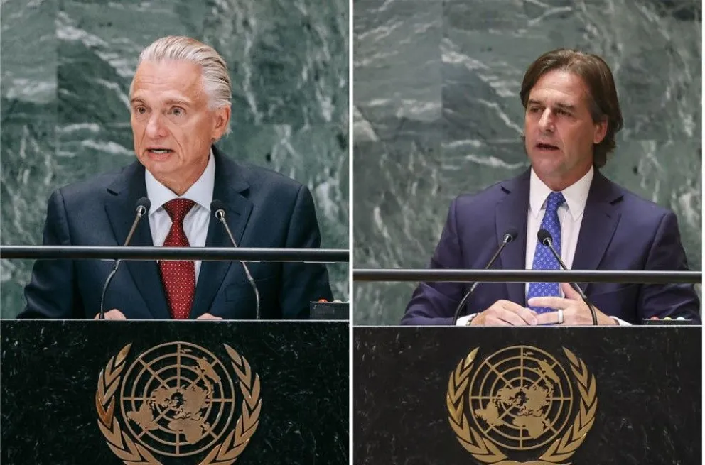 El canciller de Costa Rica, Arnoldo A. Tinoco, y el presidente de Uruguay, Luis Lacalle Pou. Foto: EFE