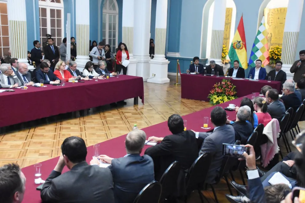 La reunión del presidente Luis Arce con los embajadores y representantes de los organismos internacionales. Foto: Prensa Presidencia