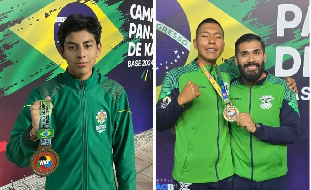 Nagayama (izq.) y Jordán junto a su entrenador, portan sus medallas. Foto: Feboka.