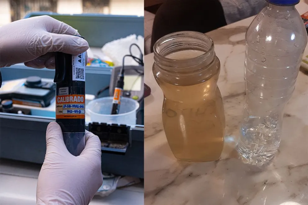 Muestras de agua tomadas por Epsas S.A. en domicilios de la zona Sopocachi. Foto: Epsas - Facebook.