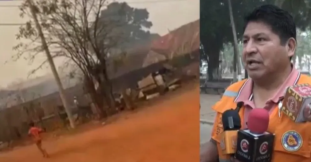 Las viviendas de la comunidad Las Petas que fueron afectadas por el fuego y el viceministro de Defensa Civil, Juan Carlos Calvimontes. Foto: Captura BTV