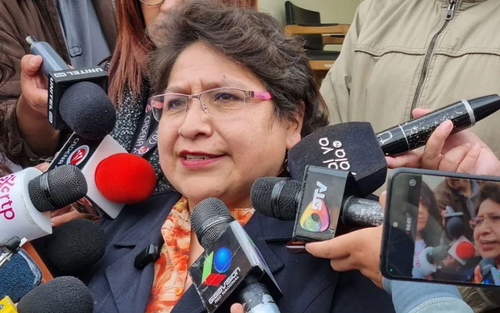La exvocal del TSE, Dina Chuquimia, declara a los medios de comunicación. Foto: Erbol
