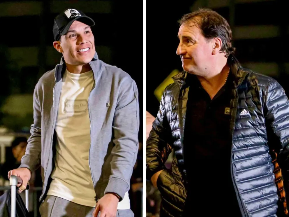 El futbolista Matheus Uribe (izq.) y el técnico Néstor Lorenzo a su llegada a Cochabamba. Fotos. FCF