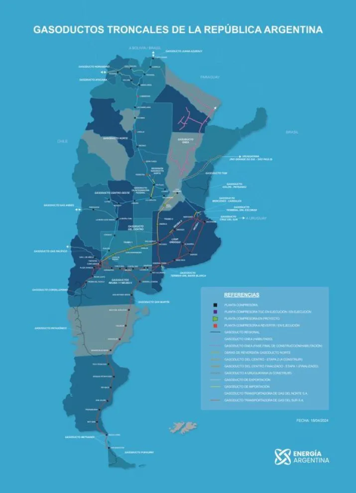 La red de gasoductos en Argentina. Foto. Energ&iacute;a Argentina.