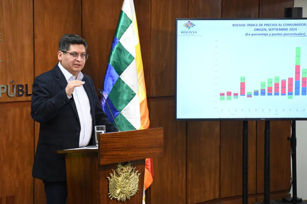 El ministro Marcelo Montenegro explica las razones del alza del precios en Bolivia. Foto. Ministerio de Economía