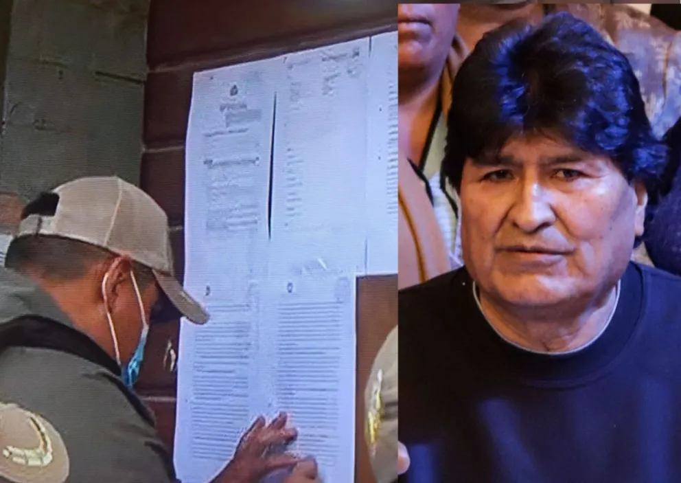 La notificación previa, por cedulón, y al lado una imagen de archivo de Morales. Foto: APG y captura de video 