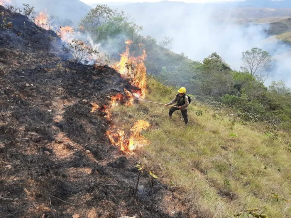 Un bombero lucha contra el fuego en un predio que fue devastado por las llamas. Foto: La Nube