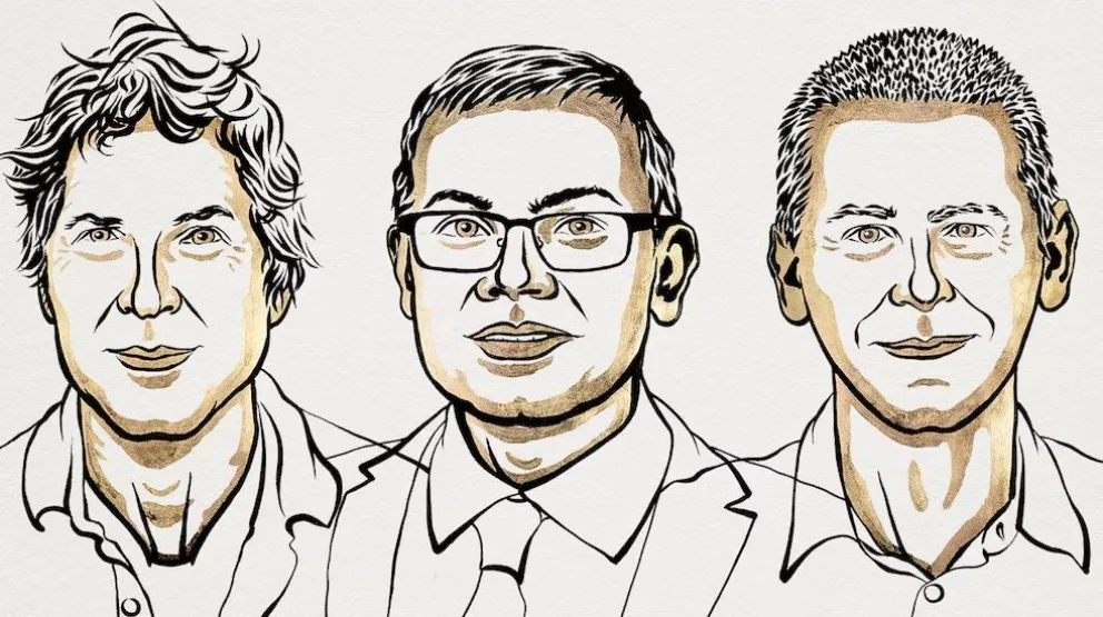 Los premiados David Baker, Demis Hassabis y John M. Jumper. lustración: Niklas Elmehed