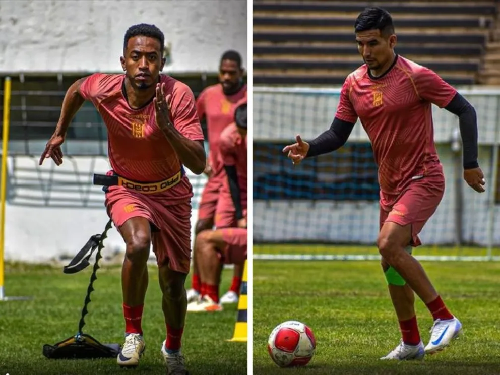 Jaime Arrascaita (izq.) y Álvaro Quiroga durante el trabajo del plantel atigrado del martes. Foto: club The Strongest