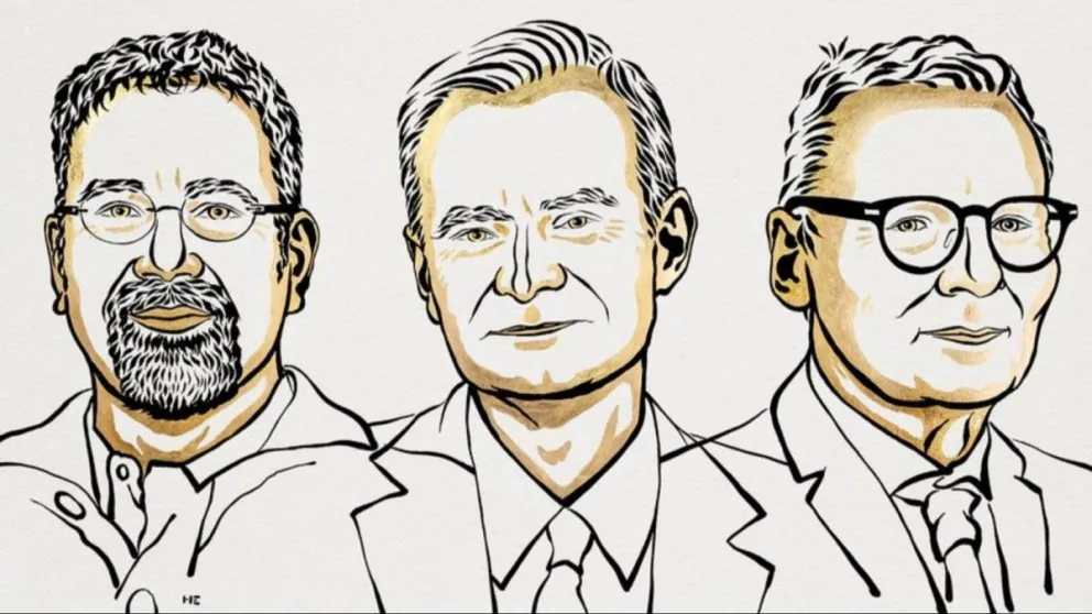 Acemoglu, Johnson y Robinson. Ilustración: Niklas Elmehed