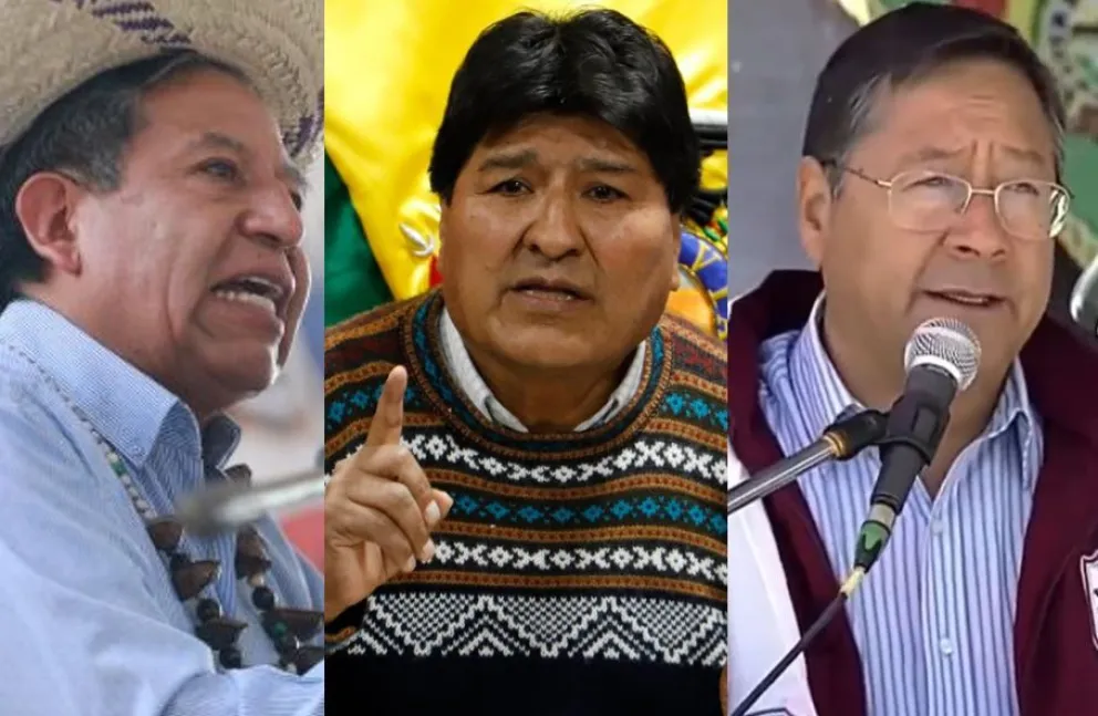 El vicepresidente David Choquehuanca, el exmandatario Evo Morales y el presidente Luis Arce. Foto: Composición