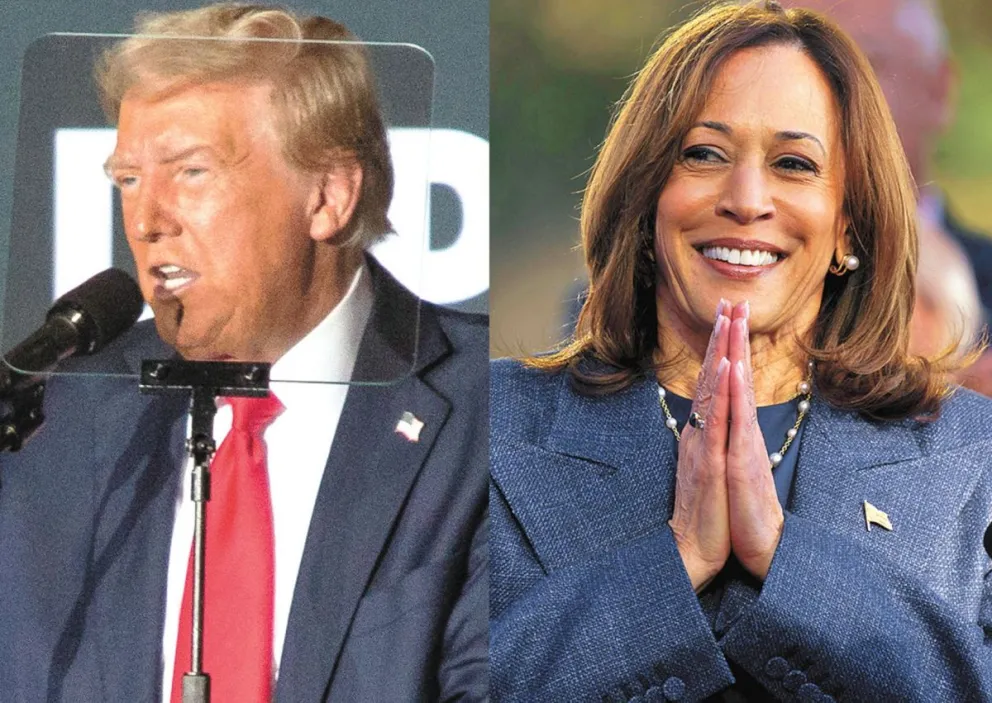 El republicano Donald Trump durante un acto de campaña y la demócrata Kamala Harris en un mitin en Pensilvania. Foto: EFE