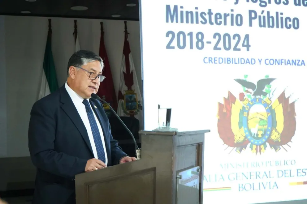 El Fiscal General en su informe final de gestión. Foto: FGE