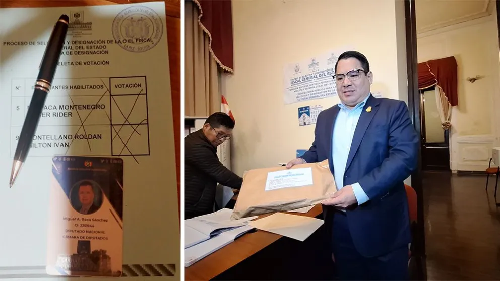 En recuadro la papeleta de votación del diputado disidente de CC, Miguel Roca, junto con el nuevo fiscal general, Roger Mariaca. Foto: Miguel Roca - Carlos Quisbert