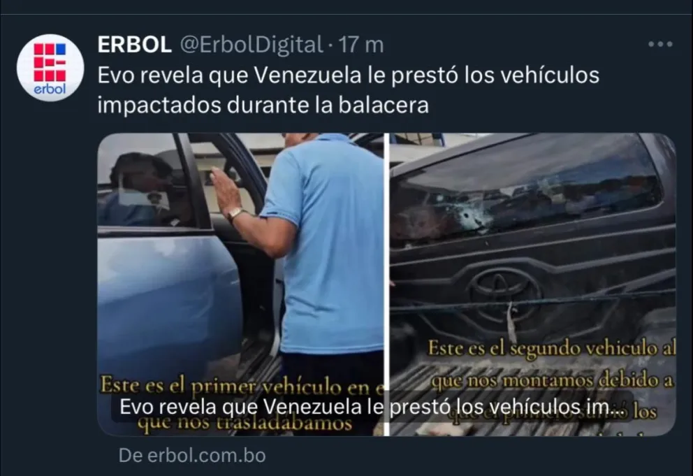 Un tuit de Erbol, en el que Morales admite que Venezuela le presta vehículos. Foto: ABI