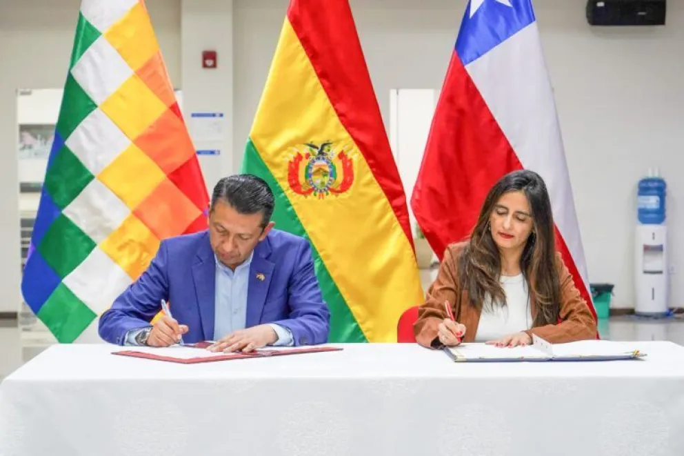 El viceministro de Comercio Exterior e Integración de Bolivia, Huáscar Ajata, y a la subsecretaria de Relaciones Económicas Internacionales de Chile, Claudia Sanhueza. Foto: Cancillería de Bolivia