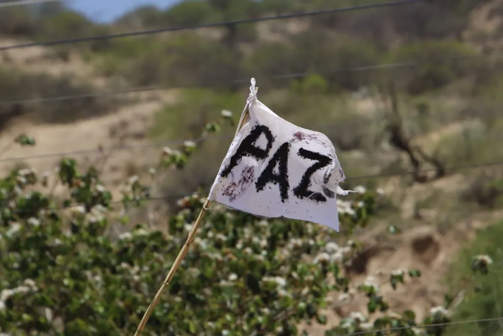 Una bandera pidiendo paz que pusieron en la ruta, en medio de los conflictos. Foto: APG