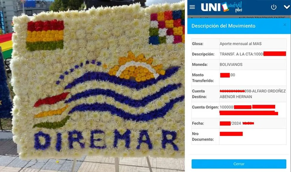 Ofrenda floral de Diremar por el 23 de marzo y uno de los comprobantes de pago de los funcionarios. Foto: Visión 360