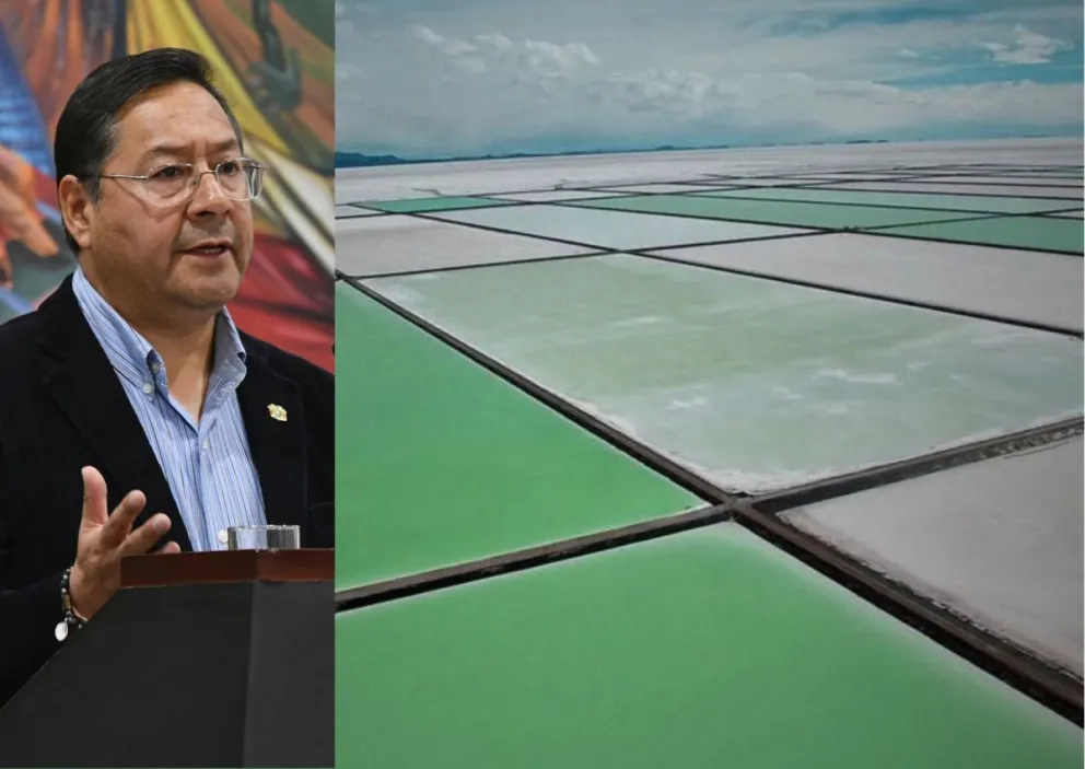 Arce y una planta de la empresa pública Yacimientos de Litio Boliviano. Fotos: APG y YLB