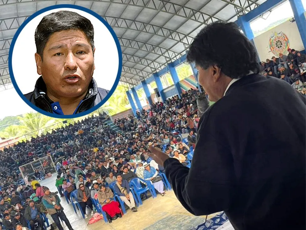 Evo Morales frente a sus bases, en uno de los últimos congresos del MAS en el Trópico de Cochabamba y Grover García. Foto: MAS y APG 