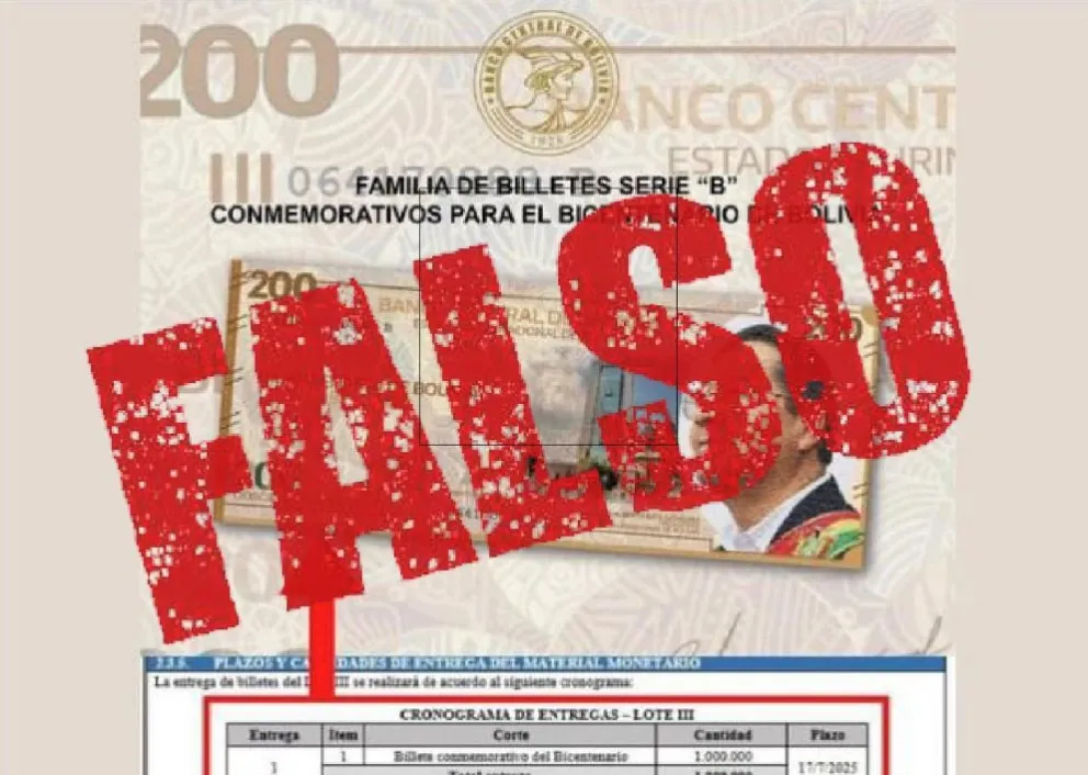 Imagen publicada por el BCB, sobre la falsedad de nuevo billete.