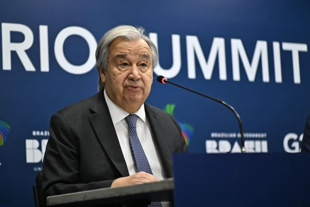 António Guterres habla desde el centro de prensa del G20, en Río de Janeiro. Foto: EFE