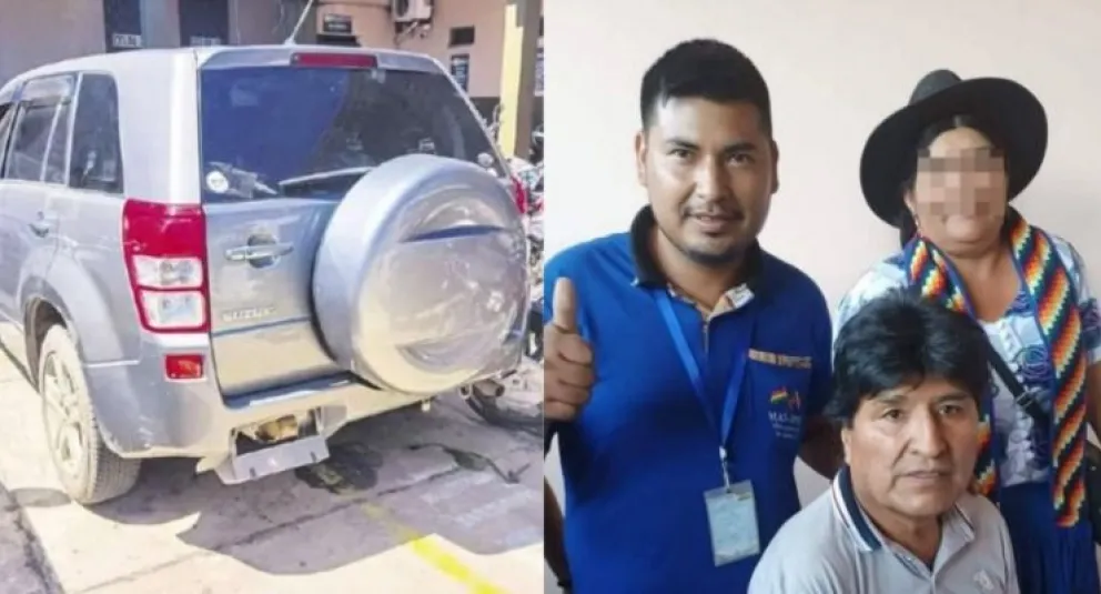 A la izquierda, el vehículo, y en la otra imagen Evo Morales con el concejal "evista". Foto: DTV