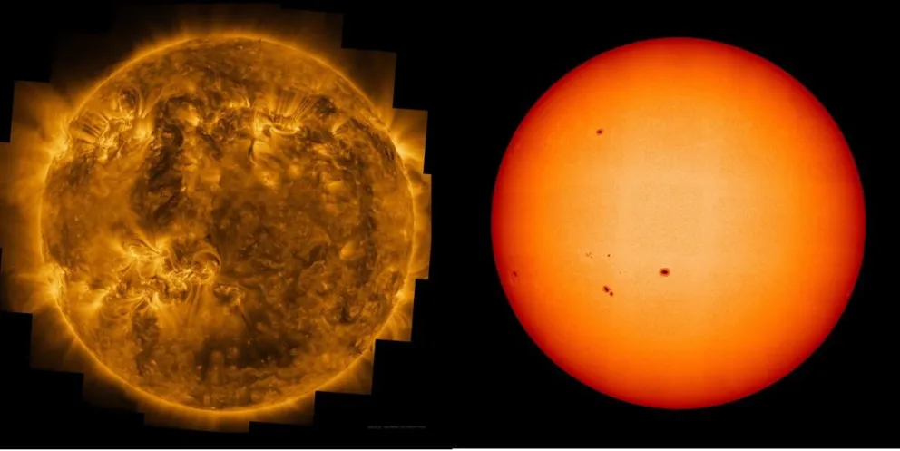 El Sol en luz ultravioleta, revelando la corona de la estrella y el Sol en luz visible, que fue tomada por el instrumento "PHI" a bordo de la nave espacial Solar Orbiter. Fotos: ESA/ NASA/Solar Orbiter/Equipo EUI