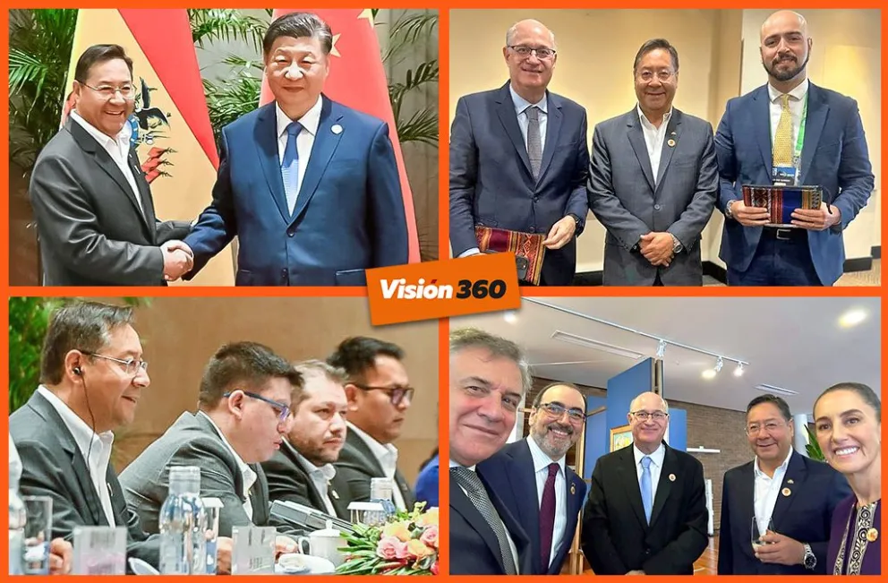 Luis Arce y su paso por Brasil, en el marco de la cumbre del G20. Fotos: RRSS del Jefe de Estado. Composición: Visión 360 